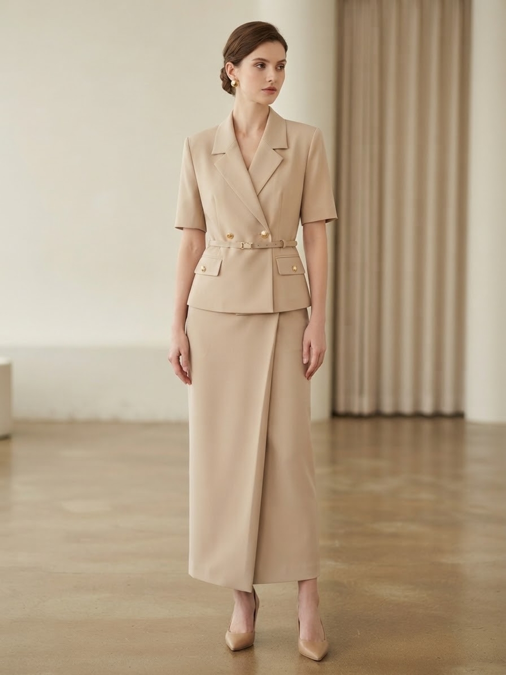 Joseph Ribkoff Vintage Beige Short-Sleeve Blazer and Midi Skirt Set Size 10